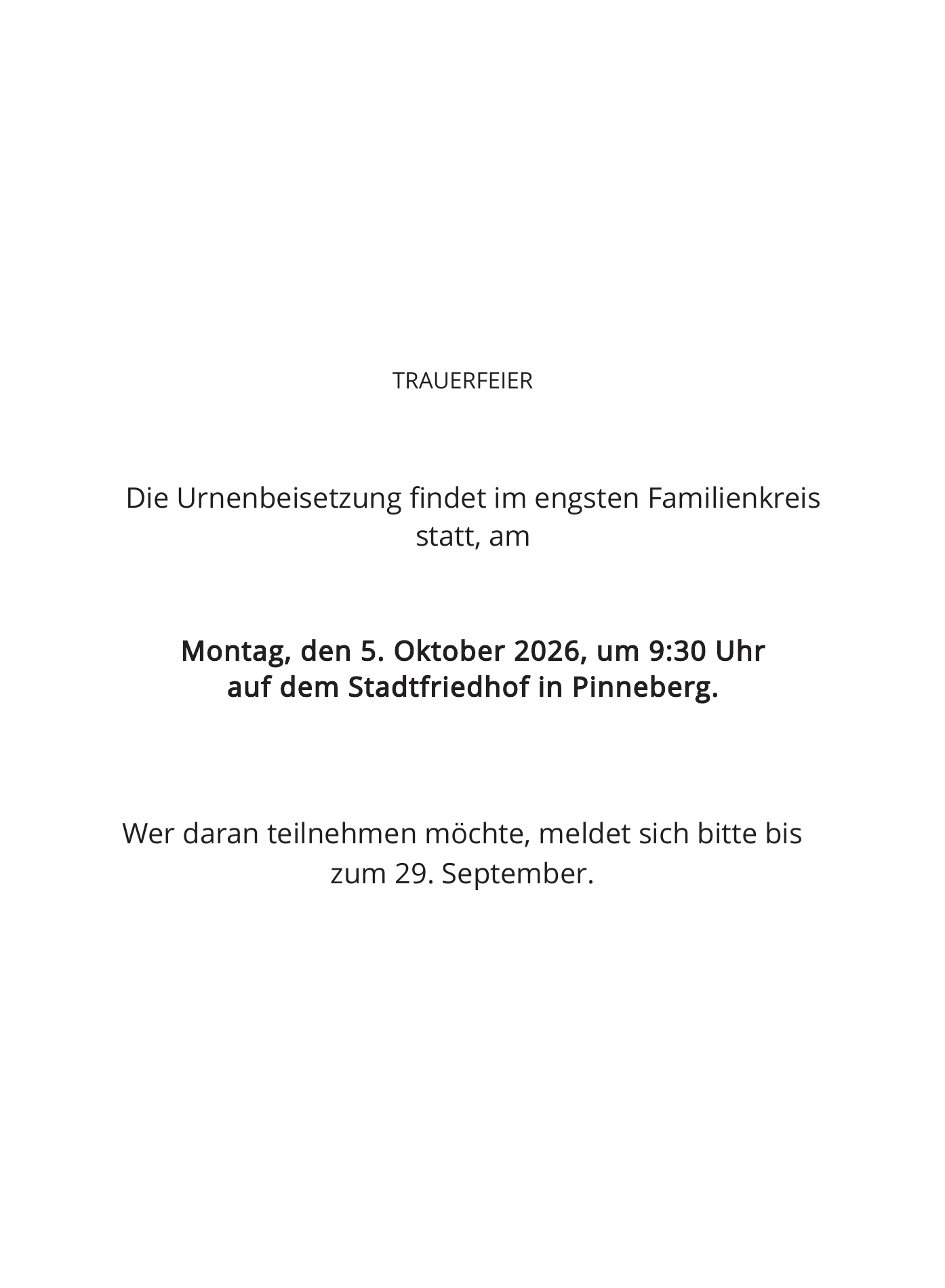 Informationen zur Urnenbeisetzung am 5. Oktober 2026 auf dem Stadtfriedhof in Pinneberg