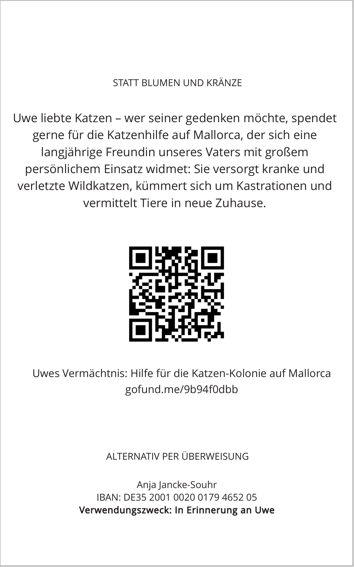 Spendenhinweis für die Katzenhilfe auf Mallorca – tippen, um die GoFundMe-Seite zu öffnen